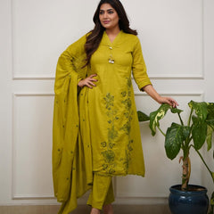 Handcrafted Pure Cotton 60-60 Embroidered Lime Suit Set