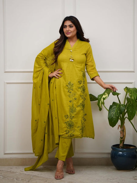 Handcrafted Pure Cotton 60-60 Embroidered Lime Suit Set