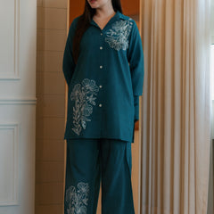 Embroidery Work Cotton Teal Blue Co_erd Set