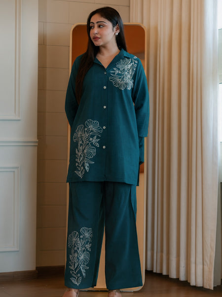 Embroidery Work Cotton Teal Blue Co_erd Set