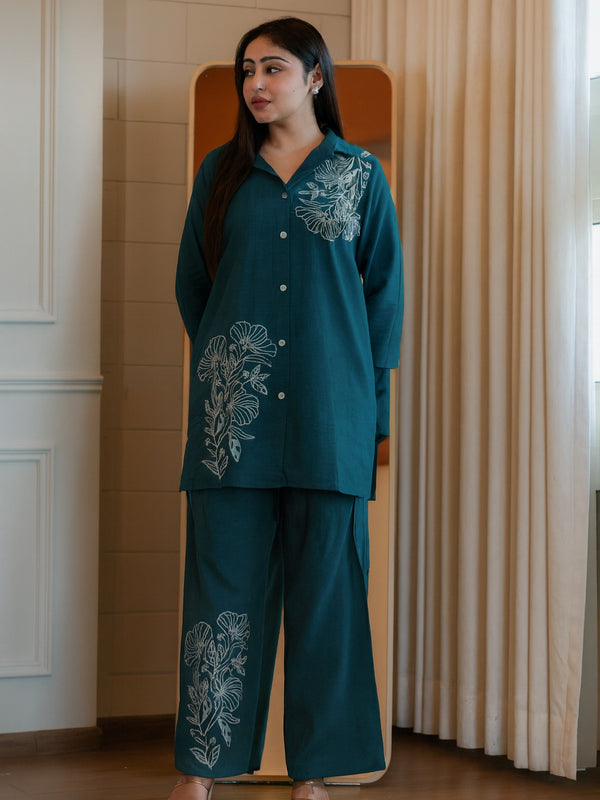 Embroidery Work Cotton Teal Blue Co_erd Set