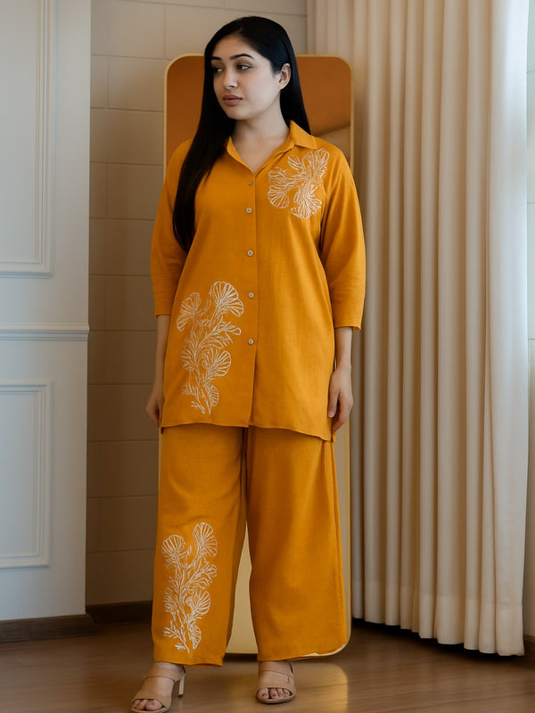 Embroidery Work Cotton Yellow Co_ord Set