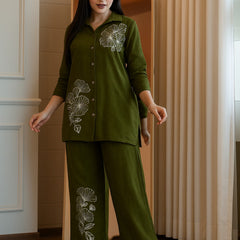 Embroidery Work Cotton Green Co-ord Set
