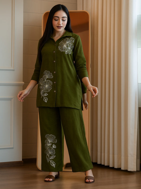 Embroidery Work Cotton Green Co-ord Set