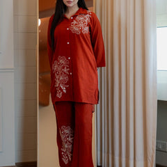 Embroidery Work Cotton Rust Co-ord Set