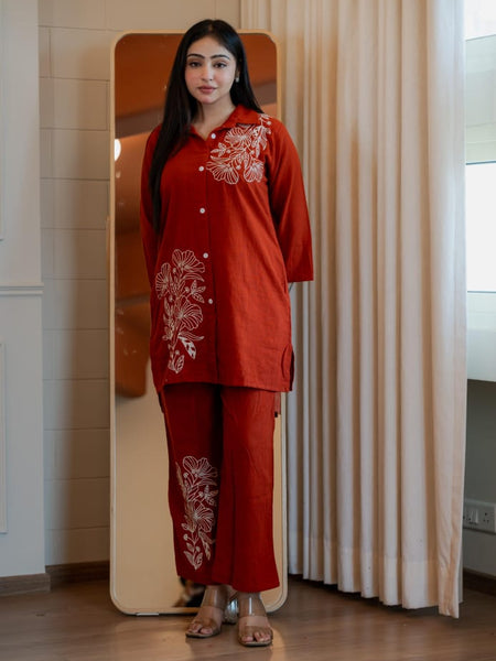 Embroidery Work Cotton Rust Co-ord Set
