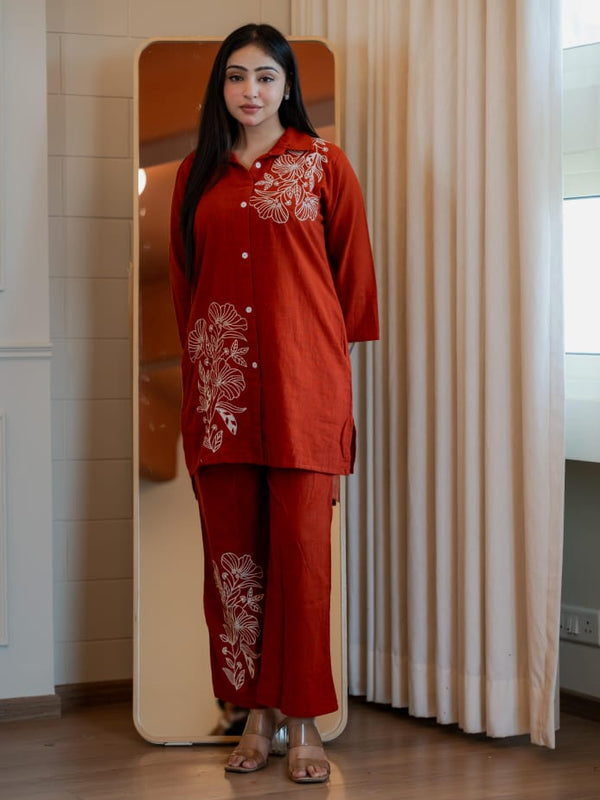 Embroidery Work Cotton Rust Co-ord Set