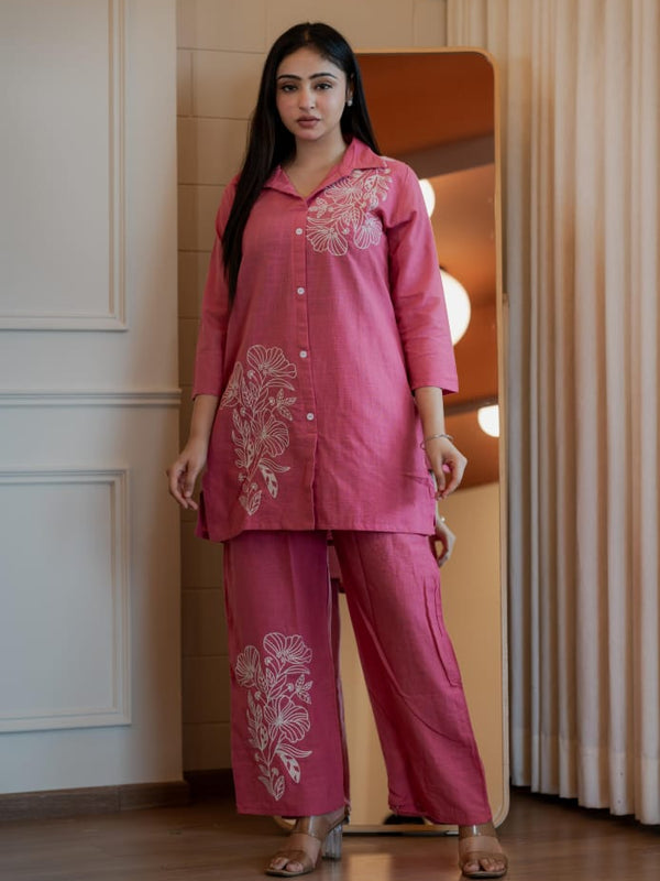 Embroidery Work Cotton Baby Pink Co-ord Set