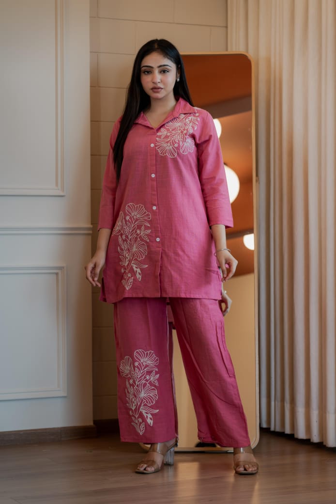Embroidery Work Cotton Baby Pink Co-ord Set