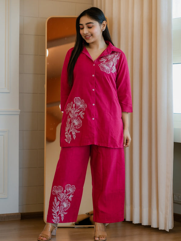 Embroidery Work Cotton Hot Pink Co_ord Set