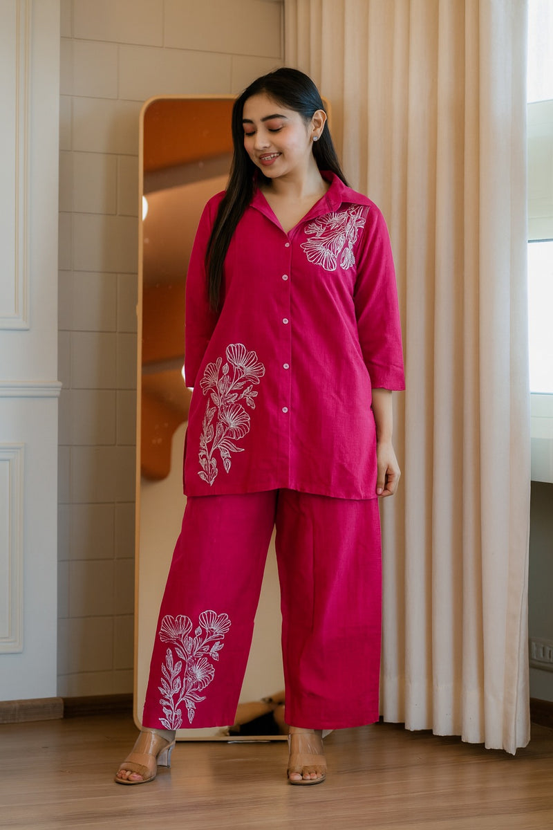 Embroidery Work Cotton Hot Pink Co_ord Set