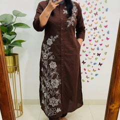 A-Line Embroidery Work Coffee Color Co_ord Set