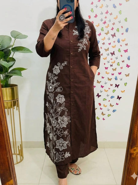 A-Line Embroidery Work Coffee Color Co_ord Set
