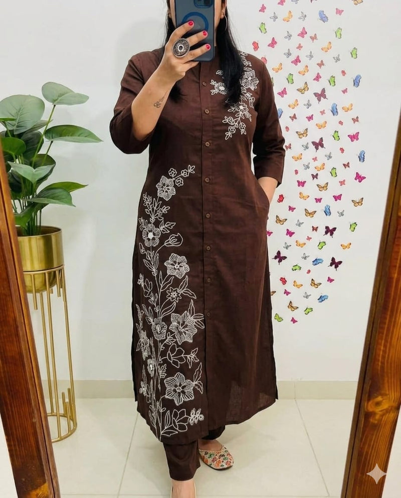 A-Line Embroidery Work Coffee Color Co_ord Set