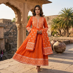 Anarkali Orange Color Printed Suit Set