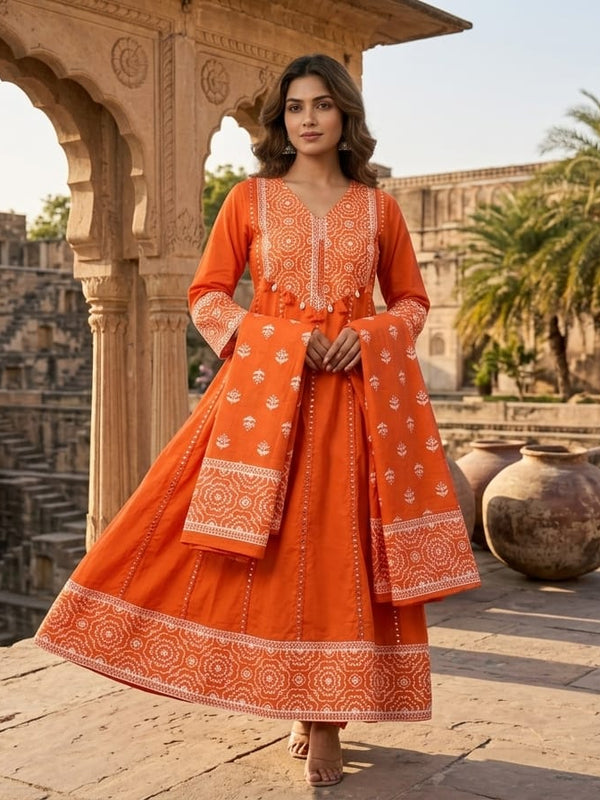 Anarkali Orange Color Printed Suit Set