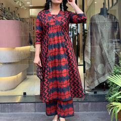 A-Line Printed Red Cotton Kurti Pant Set