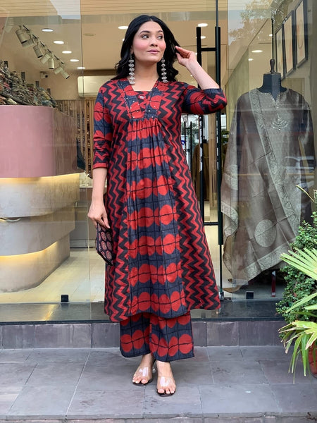 A-Line Printed Red Cotton Kurti Pant Set