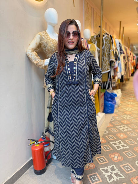 Premium Weave Blue Embroidery Suit Set