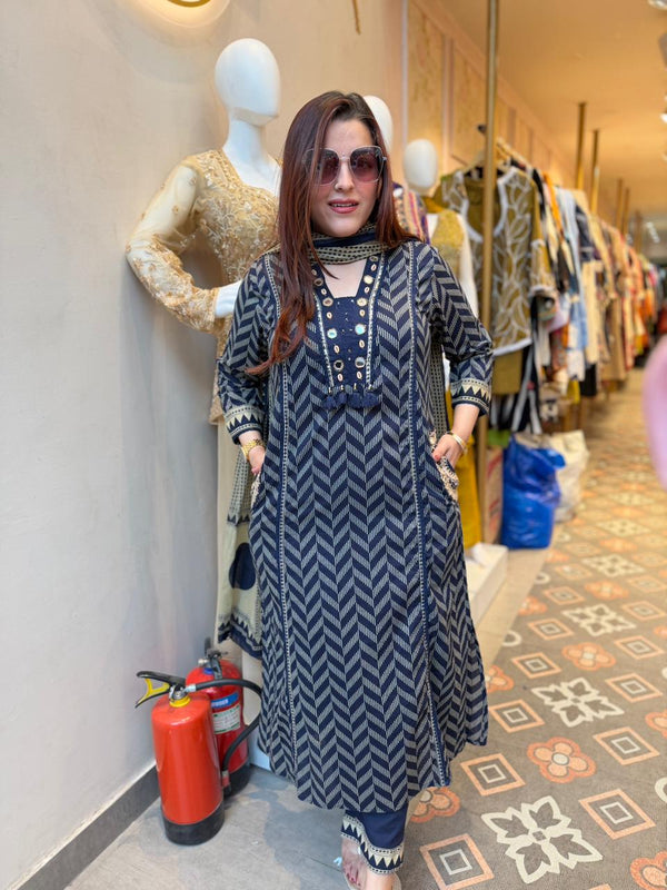 Premium Weave Blue Embroidery Suit Set