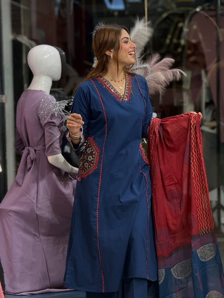 Classic Elegance Blue Pure Cotton Heavy Suit Set