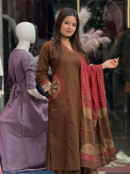 Classic Elegance Brown Pure Cotton Heavy Suit Set