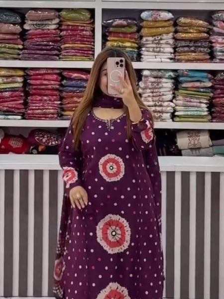 Purple Color Discharge Print Suit Set