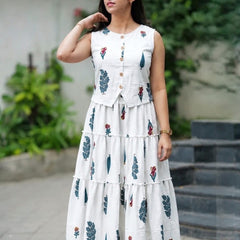 Women's Printed Cotton Skirt Top Set