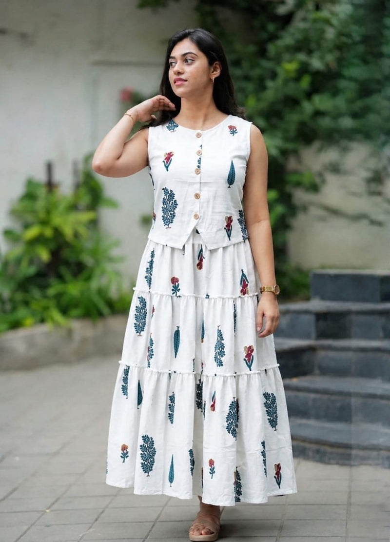 Women's Printed Cotton Skirt Top Set