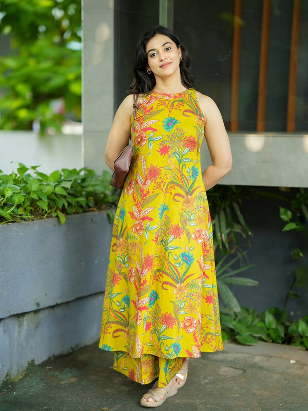 Cotton A-Line Halter Neck Kurti Palazzo Set for Women