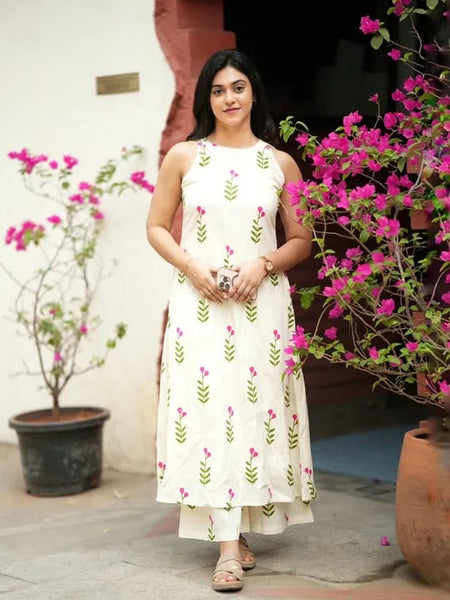 A-Line  Cotton Halter Neck Kurti Palazzo Set