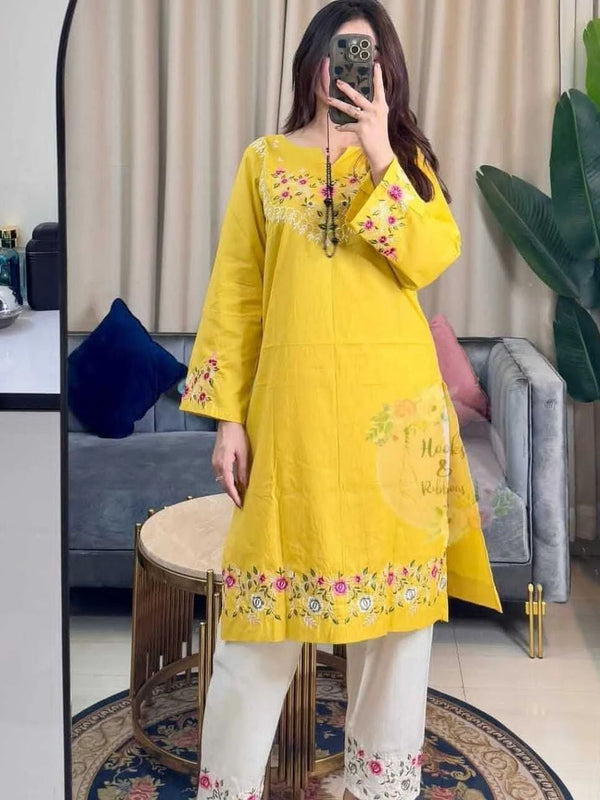 Embroidery Work Red Color Cotton Kurti Plazo Set