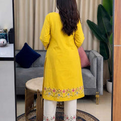 Embroidery Work Red Color Cotton Kurti Plazo Set
