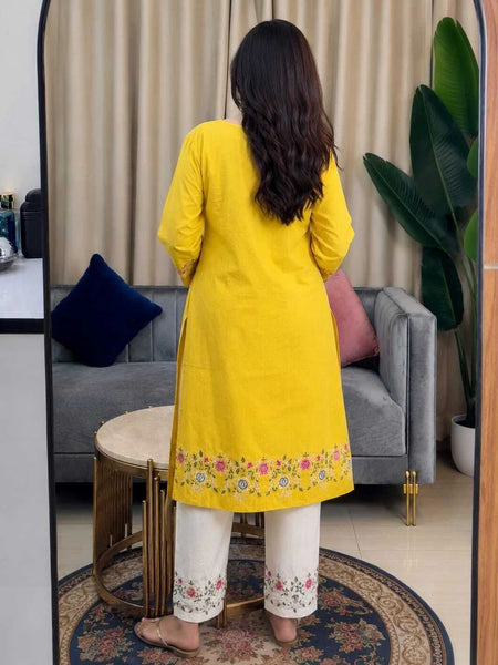 Embroidery Work Yellow Color Cotton Kurti Plazo Set