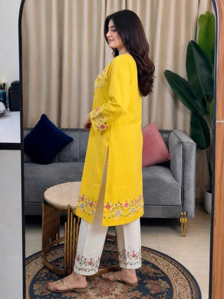 Embroidery Work Yellow Color Cotton Kurti Plazo Set