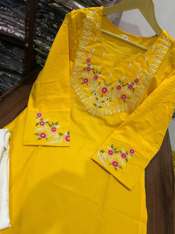 Embroidery Work Red Color Cotton Kurti Plazo Set