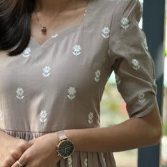 Silver Cotton Floral Embroidered Midi Kurti