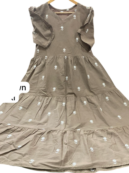Silver Cotton Floral Embroidered Midi Kurti