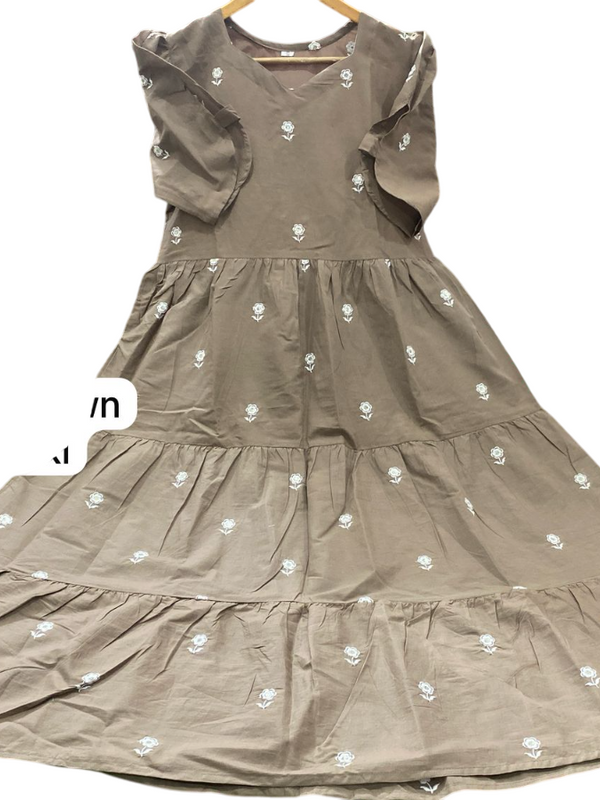 Silver Cotton Floral Embroidered Midi Kurti