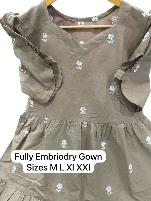 Silver Cotton Floral Embroidered Midi Kurti