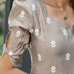 Silver Cotton Floral Embroidered Midi Kurti