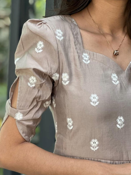 Silver Cotton Floral Embroidered Midi Kurti