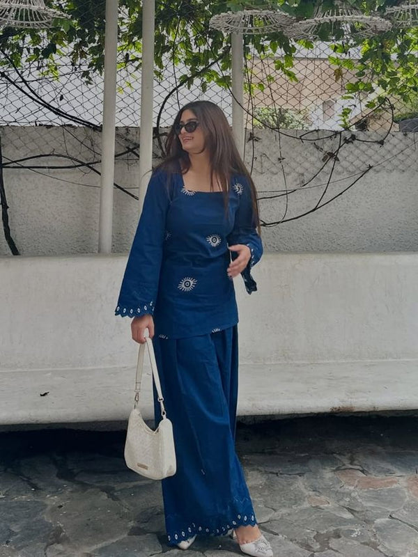 Evil Eye Embroidery Blue Farshi Salwar Set