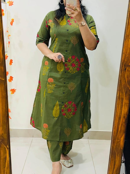 Green Printed Cotton Kurti Palazzo Set