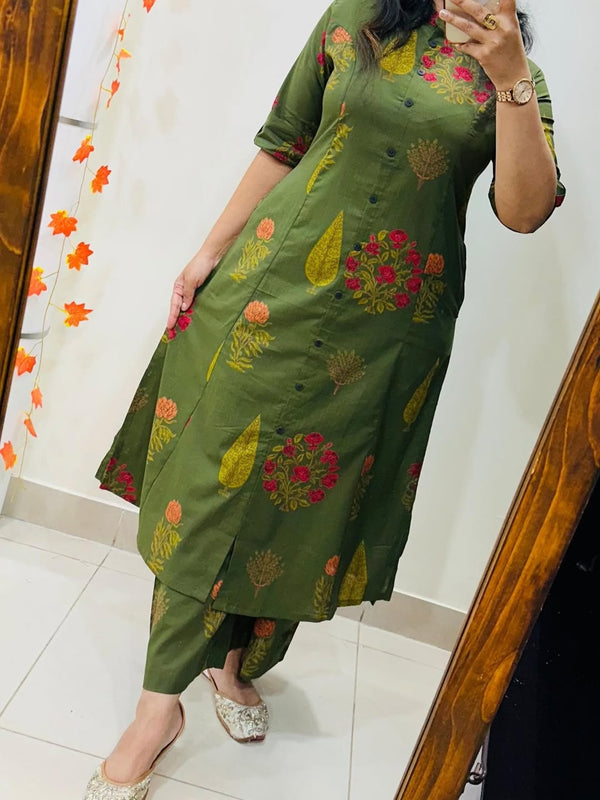 Green Printed Cotton Kurti Palazzo Set