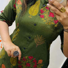 Green Printed Cotton Kurti Palazzo Set