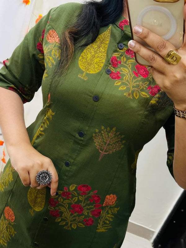 Green Printed Cotton Kurti Palazzo Set