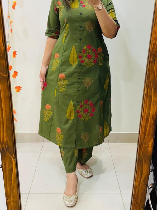 Green Printed Cotton Kurti Palazzo Set