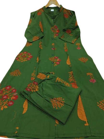 Green Printed Cotton Kurti Palazzo Set