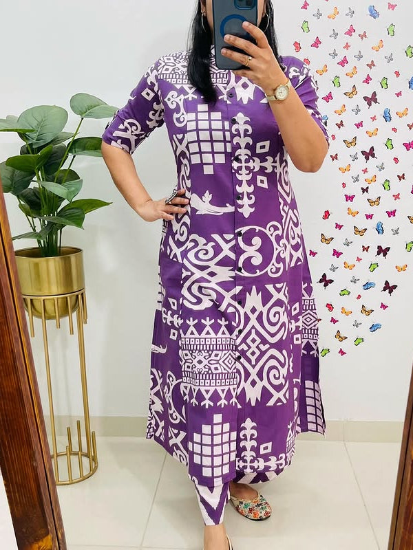Purple Cotton A-Line Printed Co-ord Set